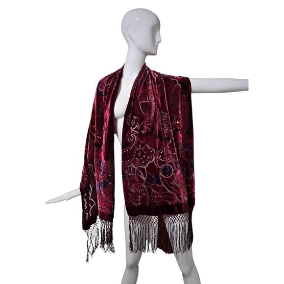 Womens Velvet Burnout Sequin Beaded Fringe Whimsical Fairycore Witchy Scarf Wrap - Picture 2 of 7